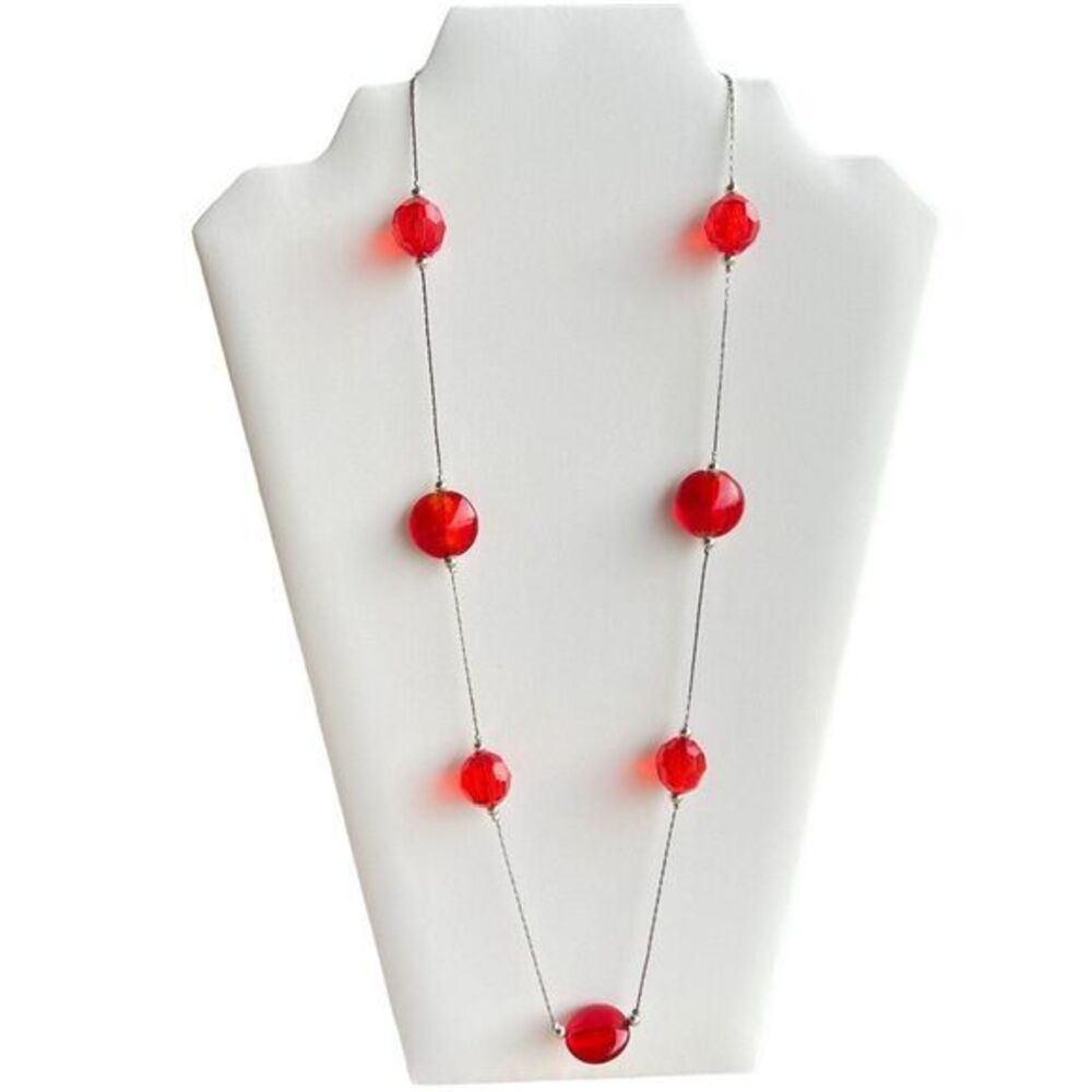 RED AND SILVER BEADED OPERA NECKLACE 26 in + 2.5 in ext